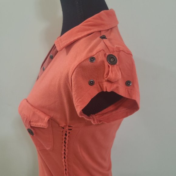 Sexy GOLDDIGGA Y2K Burnt Orange and Copper/Gold Short Sleeved Polo Shirt - Picture 6 of 9